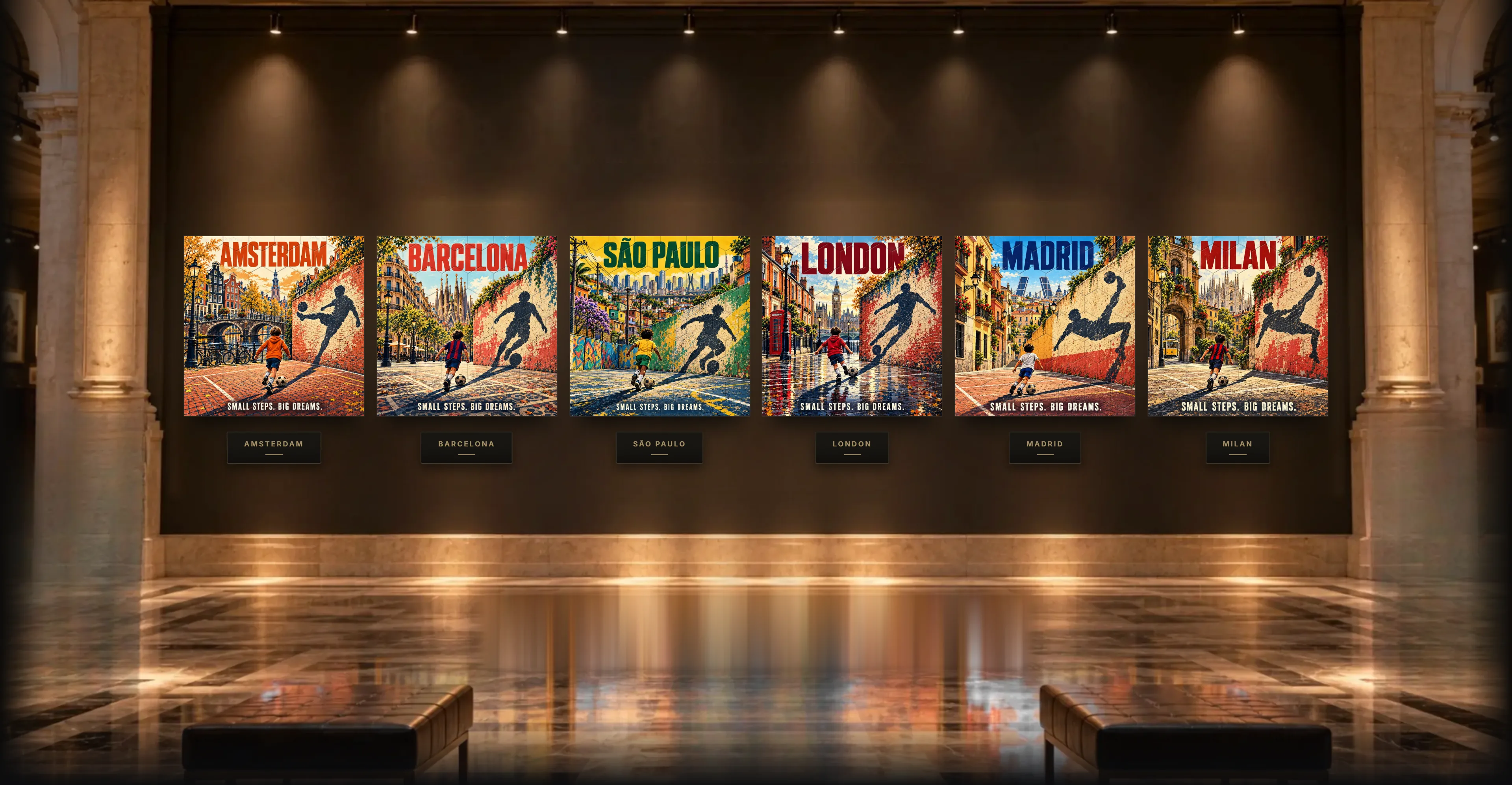 The Football X Art gallery: six works from the Dreams series (Amsterdam, Barcelona, São Paulo, London, Madrid and Milan) on a spot-lit museum wall